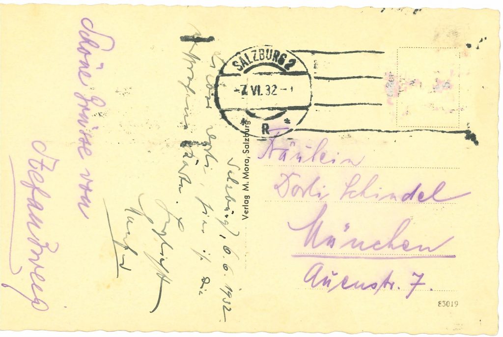 Postkarte von Manfred Sturmann und Stefan Zweig an Dora Schindel, Salzburg, 6.6.1932, Nachlass Dora Schindel, EB 99/091