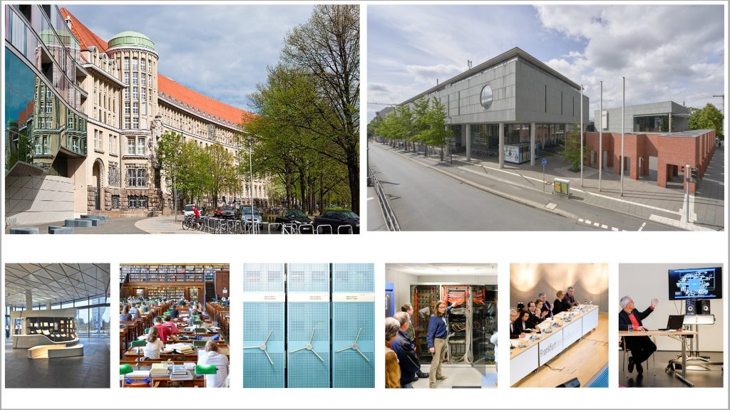 Die Collage zeigt Ansichten der Deutschen Nationalbibliothek in Leipzig und Frankfurt