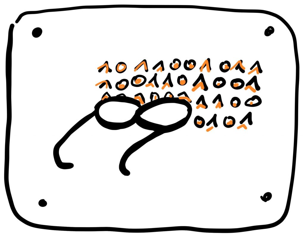 Zeichnung einer Brille, im Hintergrund sind Nullen und Einsen zu sehen