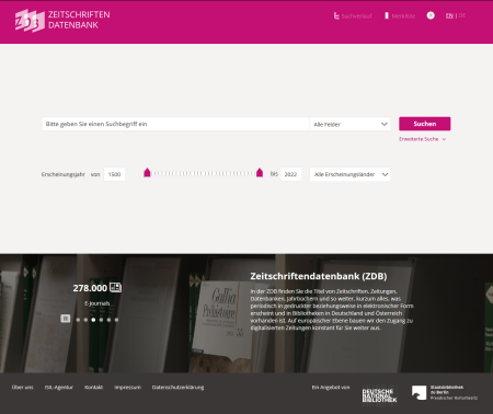 Die Startseite der ZDB-Datenbank mit einer Suchmaske