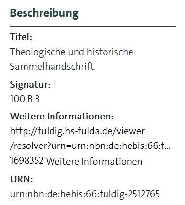 Digitalisat mit URN der HLB Fulda