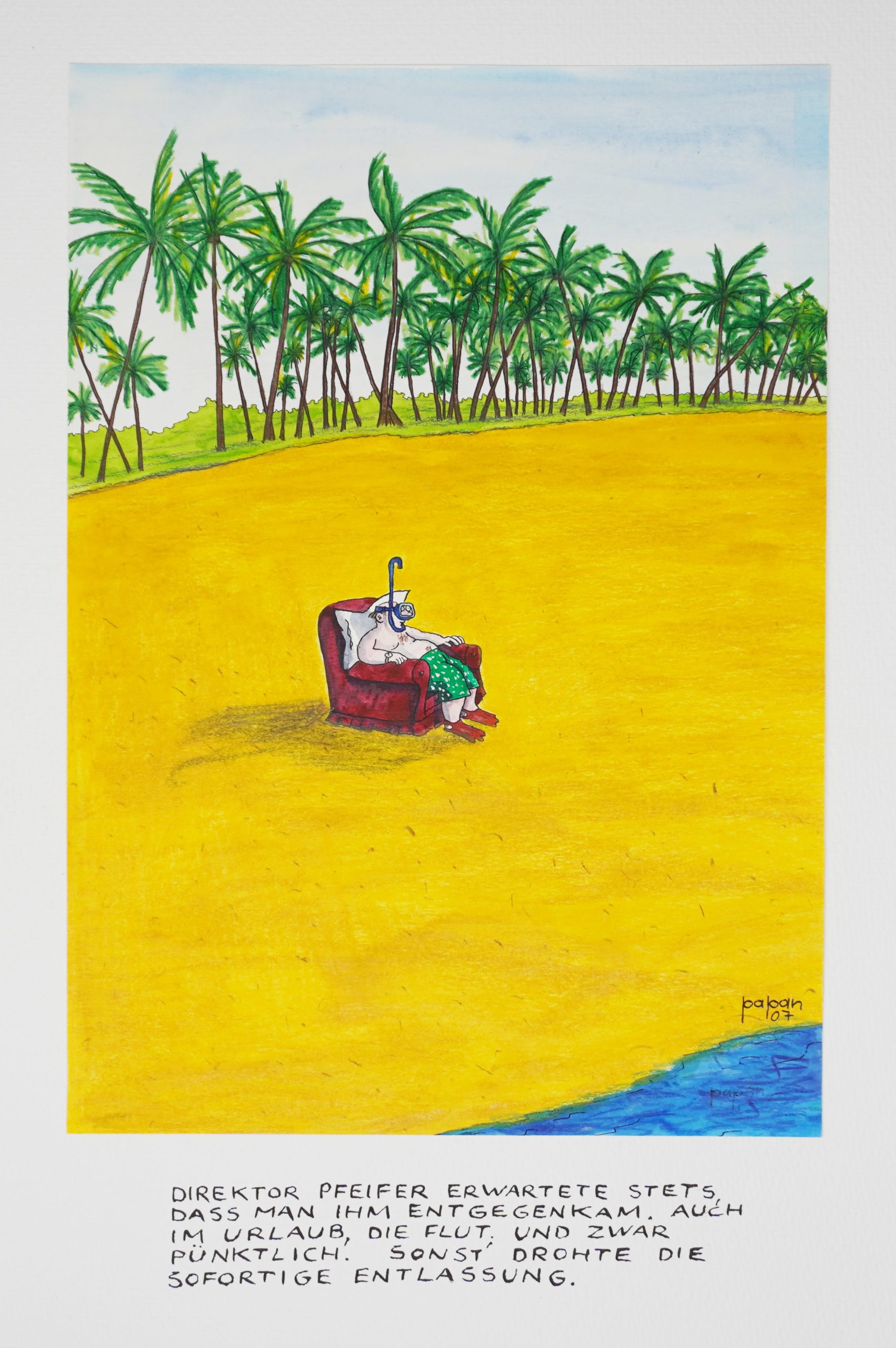 Zeichnung mit Strand, Palmen, Meer, rotem Sessel und Figur mit Taucherbrille