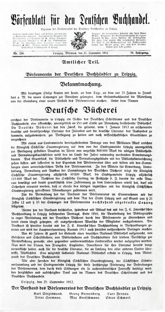 Abbildung der Amtlichen Bekanntmachung zur Gründung der Deutschen Bücherei