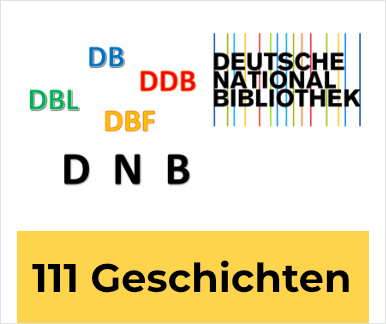 Auf weißem Hintergrund das Logo der Deutschen Nationalbibliothek und in bunter Schrift die folgenden Abkürzungen. DB (blau), DBL (grün), DDB (rot), DBF (gelb), DNB (schwarz)