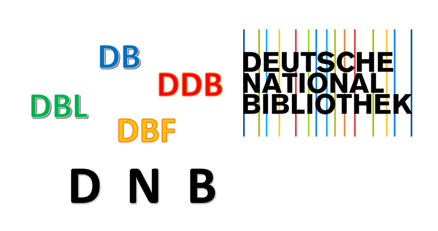 Auf weißem Hintergrund das Logo der Deutschen Nationalbibliothek und in bunter Schrift die folgenden Abkürzungen. DB (blau), DBL (grün), DDB (rot), DBF (gelb), DNB (schwarz)