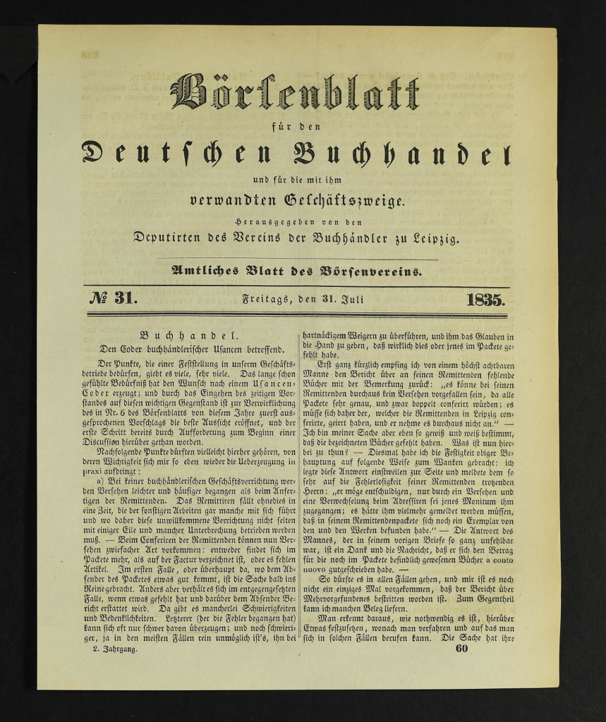 Ausgabe des Börsenblattes für den Deutschen Buchhandel Nr. 31 von 1835