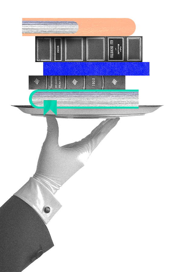 grafische Darstellung einer Hand eines Kellners, die auf einem Tablett mehrere Bücher balanciert.