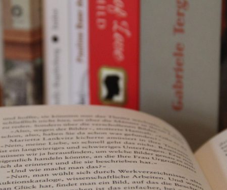 Im Vordergrund liegt ein aufgeschlagenes Buch, im Hintergrund sind unscharf die Buchrücken mehrerer Bücher in einem Regal erkennbar.