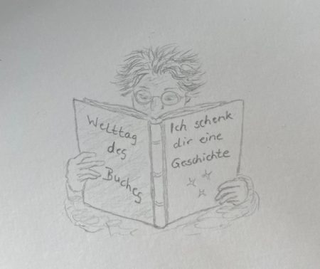 Die Zeichnung eines Jugendlichen, der in einem aufgeschlagenen Buch liest