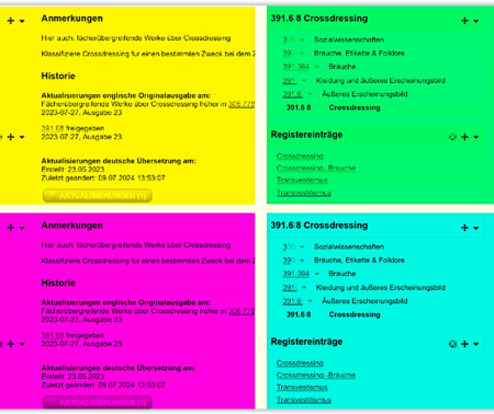 Die Abbildung zeigt einen künstlerisch mehrfarbig dargestellten Ausschnitt aus dem DDC-Klassifikationstool WebDewey Deutsch.