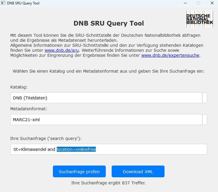 Screenshot der Nutzungsoberfläche des DNB SRU Query Tools