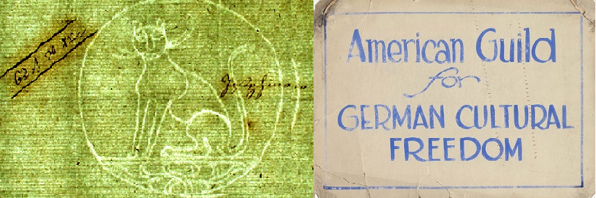 Bild eines Wasserzeichenbelegs und des Türschild der American Guild