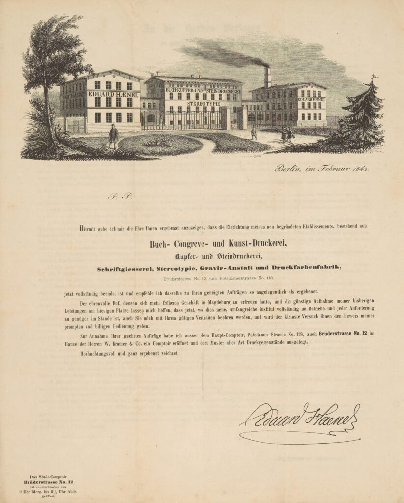 Gedrucktes Rundschreiben mit Ansicht der Firmengebäude.