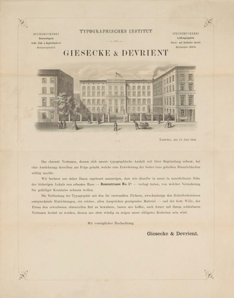 Gedrucktes Rundschreiben mit Ansicht des Firmengebäudes im Briefkopf.