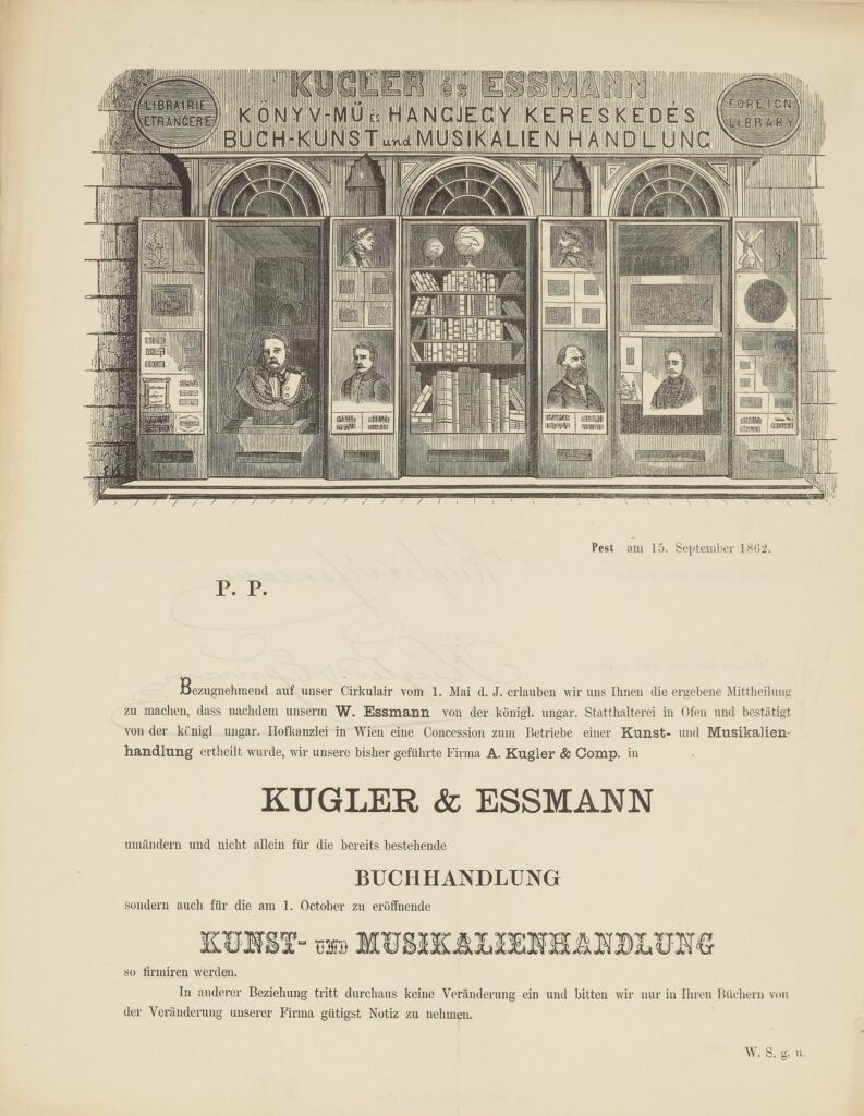 Gedrucktes Rundschreiben mit Ansicht des Schaufensters der Buchhandlung im Briefkopf