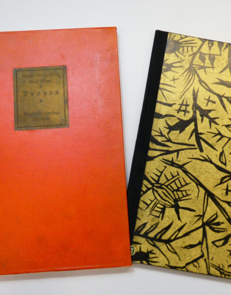 Ein rotes Buch mit dem Titel "Puppen" und ein gelb-schwarzes Buch liegen nebeneinander