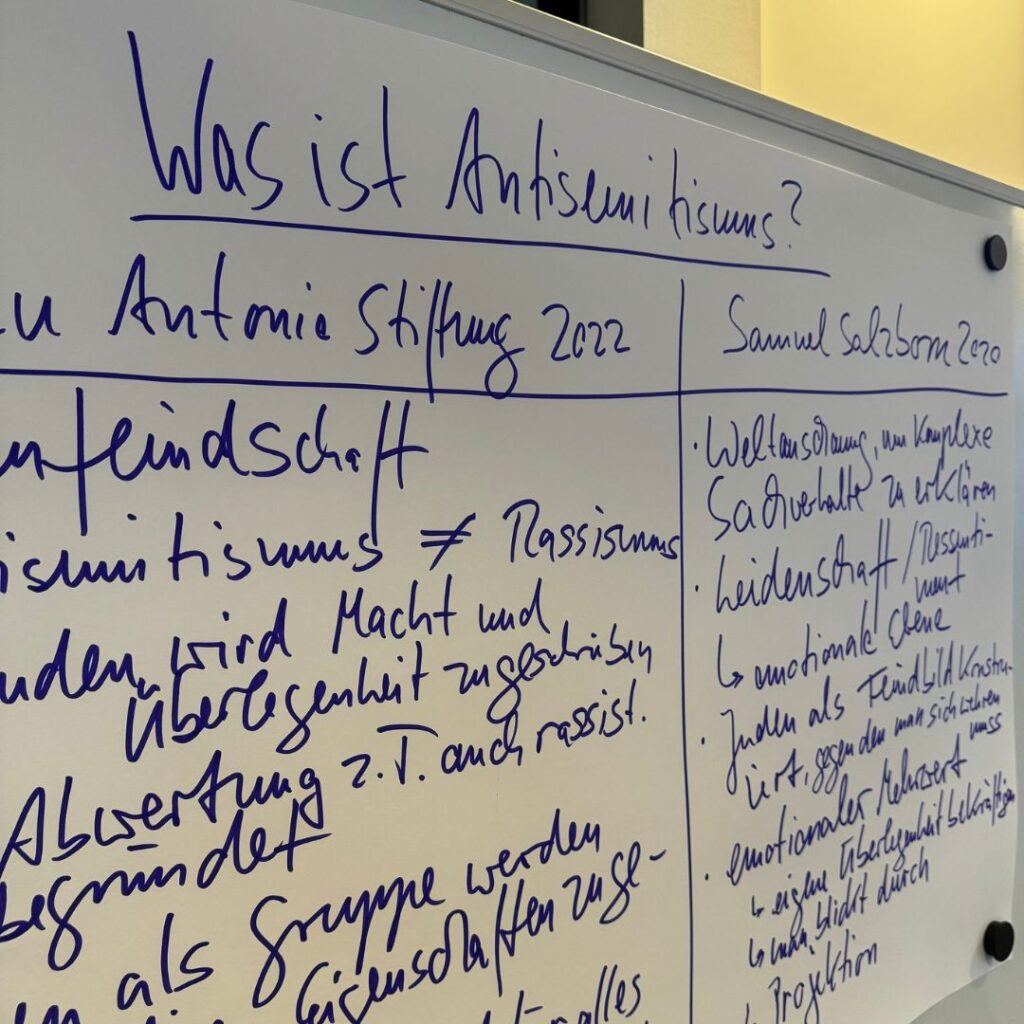 Nahaufnahme eines Whiteboards mit handschriftlichen Notizen und der Überschrift „Was ist Antisemitismus?“.