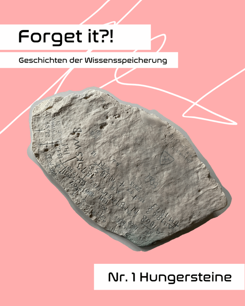 Eine Abbildung von einem Stein mit Inschriften, darauf farbige Blöcke, Linien und die Aufschrift: "Forget it? Gechichten der Wissensspeicherung"