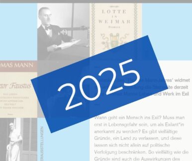 Im Hintergrund die Startseite von K&uuml;nste im Exil, im Vordergrund die Zahl 2025