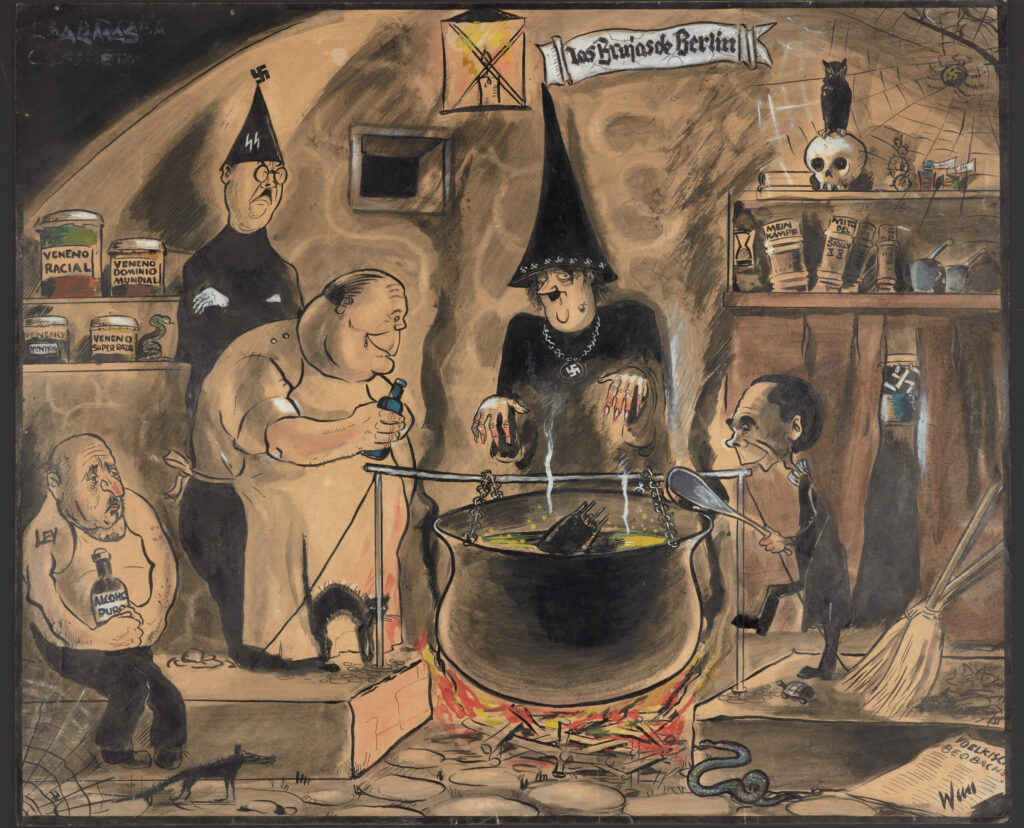 Historische Karikatur: Figuren in spitzen Hüten kochen an einem großen Kessel über Feuer; im Bild sind NS-Symbole und unheimliche Requisiten wie Totenkopf und Katze zu sehen.