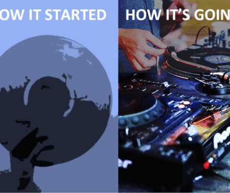 Zwei Grafiken nebeneinander montiert: Eine Hand h&auml;lt eine Schallplatte, ein Bild am DJ Pult, darauf die Schrift "How it started // How it's going"
