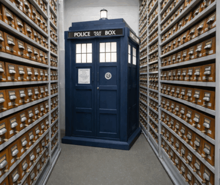 Tardis steht im Magazin der DNB zwischen Regalen mit Katalogkästen