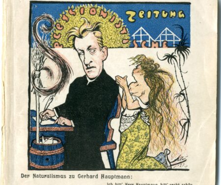Gerhard Hauptmann sitzt am Schreibpult. Der Naturalismus als Frauengestalt kniet vor ihm und bittet um eine Pause.