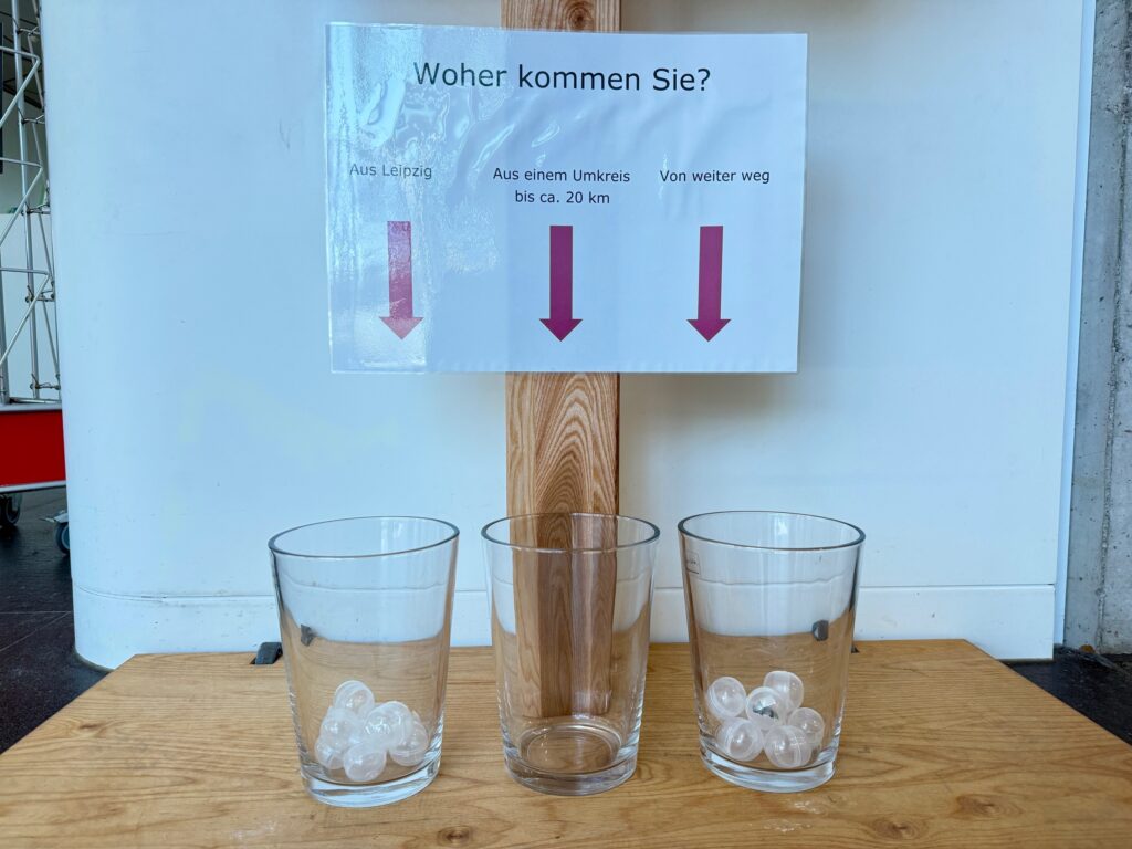 Drei Vasen für die Rückgabe von durchsichtigen Kugeln. Darüber steht ein Schild mit der Frage "Woher kommen Sie". Die Antwortoptionen sind "aus Leipzig", "aus einem Umkreis bis ca. 20 km" und "von weiter weg".