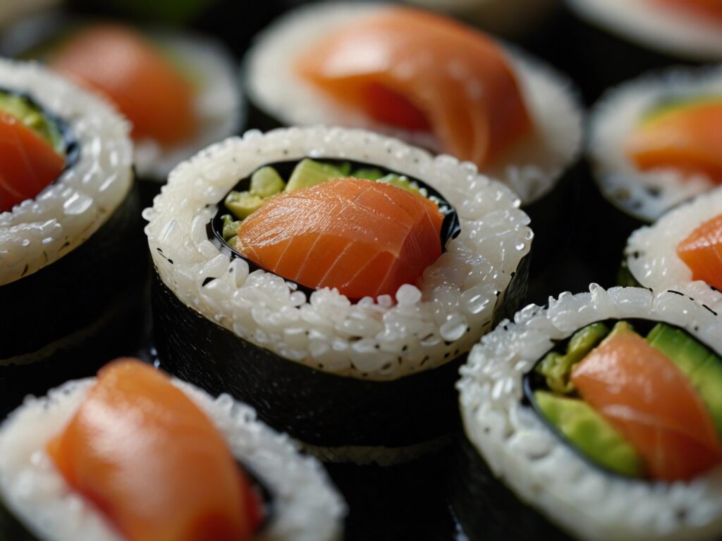 Man sieht mit Seetang ummantelten Reis, der mit Avocado und Lachs gefüllt ist.