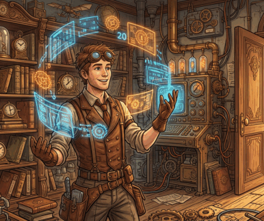 Im Maschinenraum der GND. Bildnachweis: KI-generiert mit Firefly, Prompts: In einer Steampunk Umgebung jongliert ein bartloser Machinist im Maschinenraum mit Daten. In den Regalen Bücher, Akten und museale Objekte. Die Tür ist offen mit Blick nach draußen. Eine freundliche Atmosphäre.