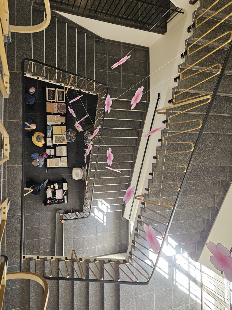 Treppenahaus mit hängenden Kirschblüten, von oben fotografiert.