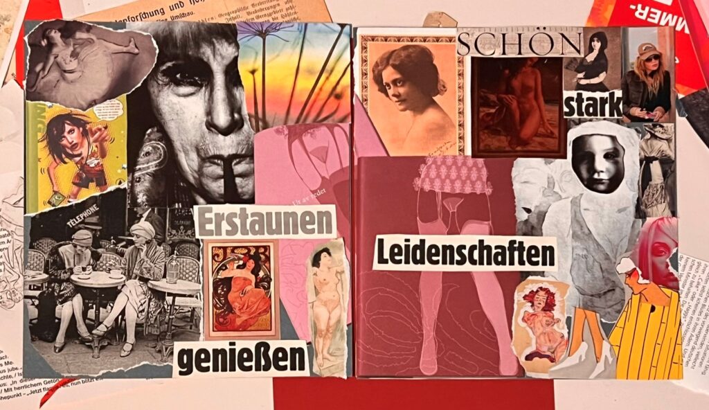 Collage mit Bildern von Frauen und vielen roten Flächen