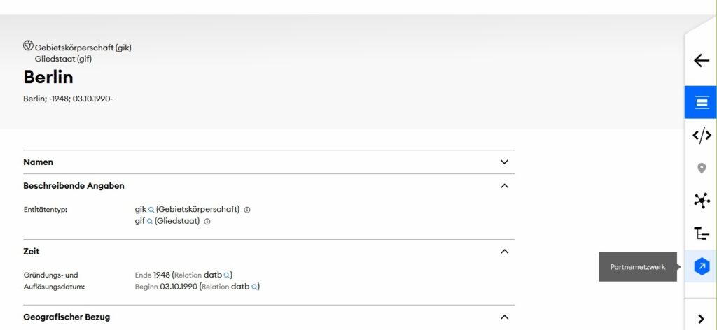 Screenshot eines Computerbildschirms, der das Faktenblatt zu Berlin anzeigt. Der Cursor ist auf dem blaumarkierten Partnernetzwerk-Feature