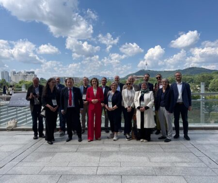 Eine Gruppenfoto mehrerer Personen vor südkoreanischer Kulisse mit urbanen Bauwerken und grüner Landschaft.