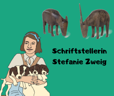 Foto-Montage aus verschiedenen Zeichnungen im Comic-Stil. Oben Links, dass Logo des Deutschen Exilarchivs 1933 bis 1945. Am Rechten Rand die Fotografie zweier aus Holz geschnitzter Antilopen. Auf der linken Seite die junge Schriftstellerin Stefanie Zweig mit Hundewelpen auf dem Schoß.