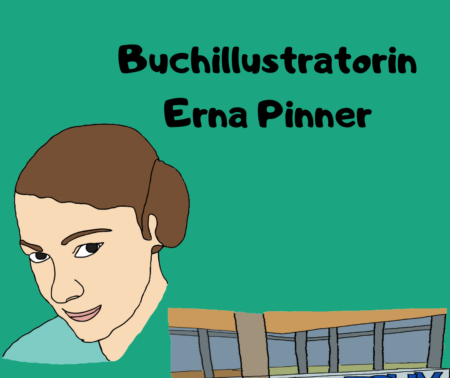 Foto-Montage aus verschiedenen Zeichnungen im Comic-Stil. Oben links in der Ecke sieht man das Logo des Deutschen Exilarchivs 1933-1945. Darunter der Title "Buchillustratorin Erna Pinner". Mittig links sieht man das Porträt von Erna Pinner, am unteren rechten Rand ein Bild des Schriftzuges "Exilarchiv" im Eingangsbereich des Exilarchives in Frankfurt am Main.