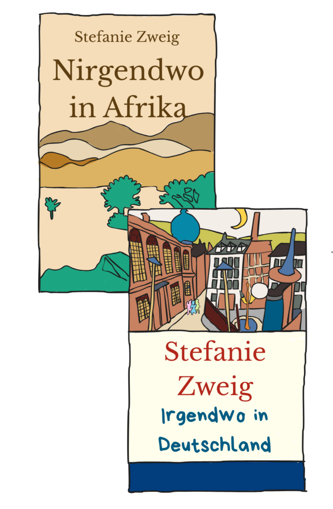 Cover der beiden Bücher "Nirgendwo in Afrika" und "Irgendwo in Deutschland" von Stefanie Zweig. Zeichnung im Comic -Stil