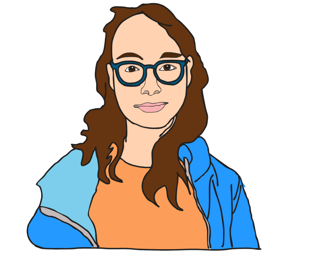 Comichafte Zeichnung einer jungen Frau mit Brille.