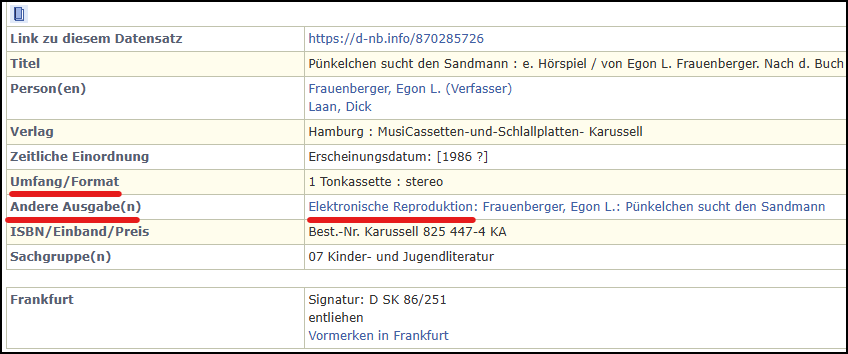 Screenshot eines Datensatzes aus dem Katalog der Deutschen Nationalbibliothek.