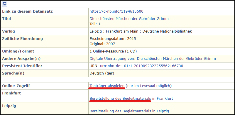 Screenshot eines Datensatzes aus dem Katalog der Deutschen Nationalbibliothek.