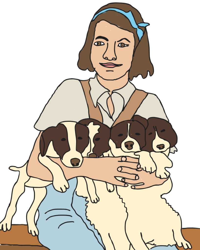 Die junge Stefanie Zweig sitzt auf einer Bank und hat mehrere Welpen im Arm. Zeichnung im Comic-Stil