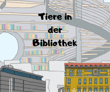 Im Hintergrund sieht man eine comichafte Zeichnung des Lesesaals der DNB in Frankfurt. Unten sind Zeichnungen der Gebäude der DNB von Frankfurt und Leipzig zu sehen. In der Mitte steht der Titel "Tiere in der Bibliothek". In der oberen linken Ecke sieht man das Logo der Deutschen Nationalbibliothek.