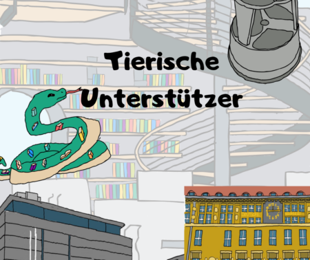 Foto-Montage aus verschiedenen Zeichnungen im Comic-Stil. Im Hintergrund sieht man den Lesesaal der Deutschen Nationalbibliothek in Frankfurt am Main. Davor sind eine Schlange und ein "Elefantenfuß" zu sehen. Am unteren Rand sind die Gebäude der DNB in Leipzig und Frankfurt am Main zu sehen. In der oberen linken Ecke sieht man das Logo der DNB.