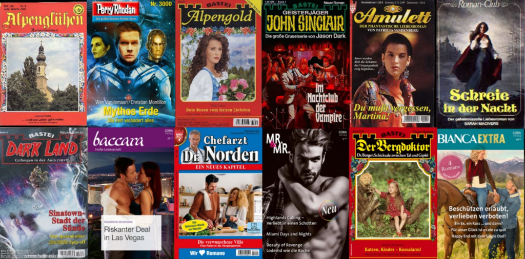 Eine Auswahl von 12 modernen Heftromancovern verschiedener Genres in der Detailansicht.