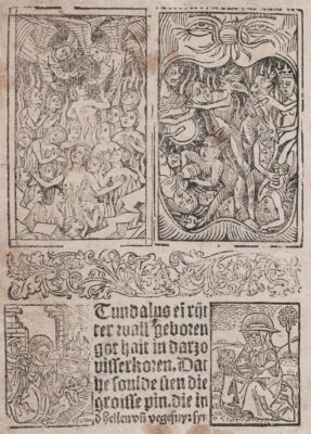 Schlussblatt der Tundalus-Erzählung der Kölner Ausgabe von 1514. Die obere Bildhälfte zeigt Szenen aus Fegefeuer und Hölle, die untere die Geburt Christi sowie den Hl. Marcus. Neuerwerbung der Bayerischen Staatsbibliothek München.