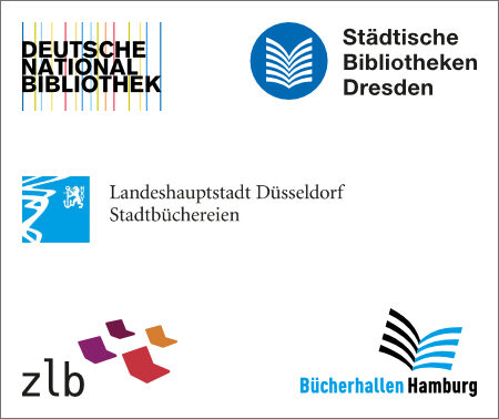 Die Logos der Deutschen Nationalbibliothek, der Städtischen Bibliotheken Dresden, der Ladeshauptstadt Düsseldorf Stadtbüchereien, der Bücherhallen Hamburg und der Zentral und Landesbibliothek Berlin.