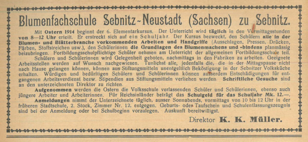 Eingerahmte Anzeige mit Text einer Blumenfachschule