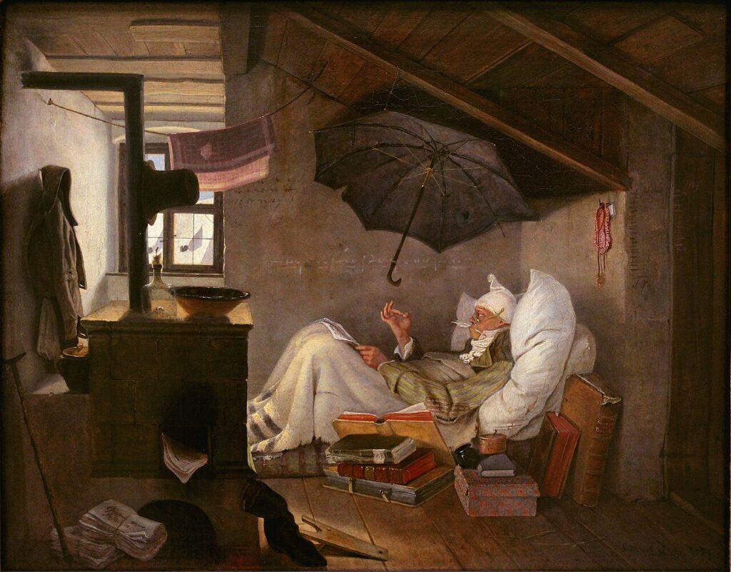 Gemälde "Der Arme Poet" von Carl Spitzweg, 1839. Das Bild zeigt einen Mann in einfachen Kleidern, auf dem Boden einer Dachkammer zugedeckt und an eine Wand gelehnt zu schreiben versucht. Neben ihm steht ein Bücherstapel. Der Raum ist spärlich eingerichtet: In der Ecke steht ein kleiner Ofen. Es liegen Zeitungen im Raum und an der Wand hängt ein Mantel. Im Hintergrund ist ein Fenster zu sehen, durch das man ein anderes Hausdach und den blauen Himmel sehen kann. Der Mann selbst sieht müde und ausgezehrt aus. Sein Blick ist konzentriert nach unten auf sein Manuskript gerichtet. Das Gemälde ist in dunklen Farben gehalten.