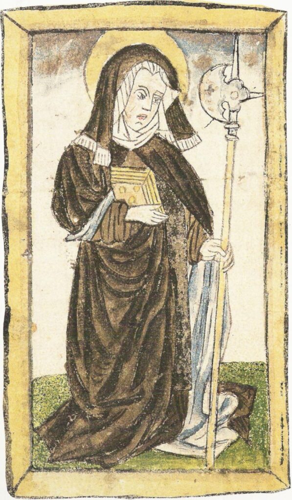 Bild der Heiligen Wiborada, Titelminiatur in der ältesten deutschsprachigen Übersetzung der Lebensgeschichten der St. Galler Heiligen. Stiftsbibliothek St. Gallen, Codex 586