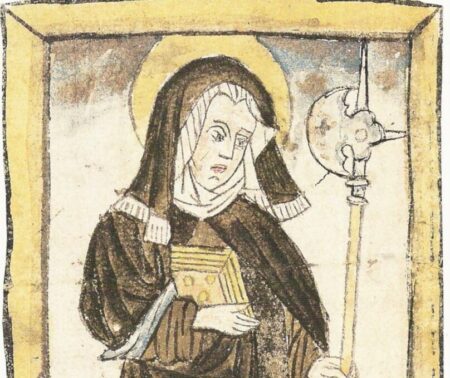 Bild der Heiligen Wiborada, Titelminiatur in der ältesten deutschsprachigen Übersetzung der Lebensgeschichten der St. Galler Heiligen. Stiftsbibliothek St. Gallen, Codex 586
